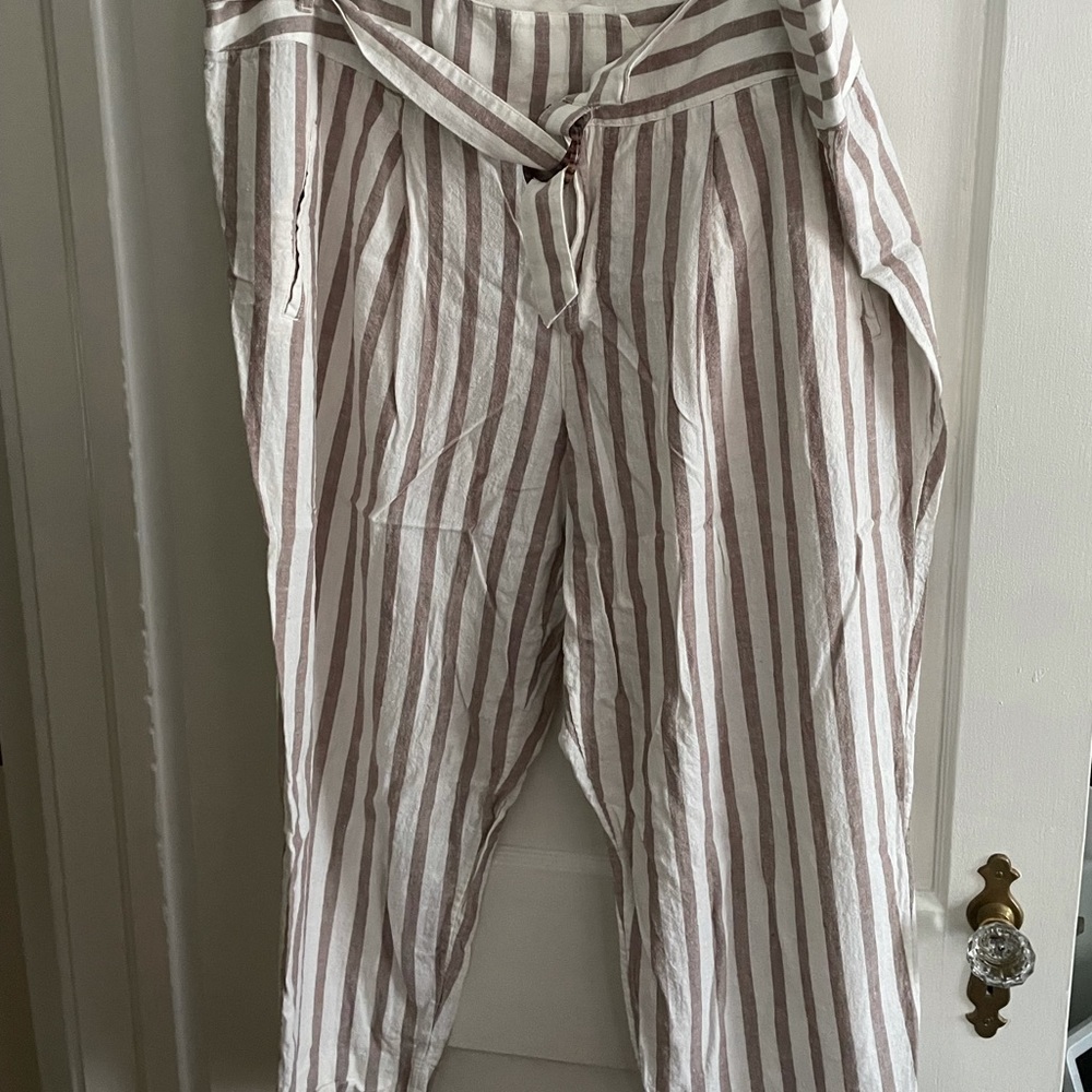 Anthropologie ankle length linen pants (tan/white)
